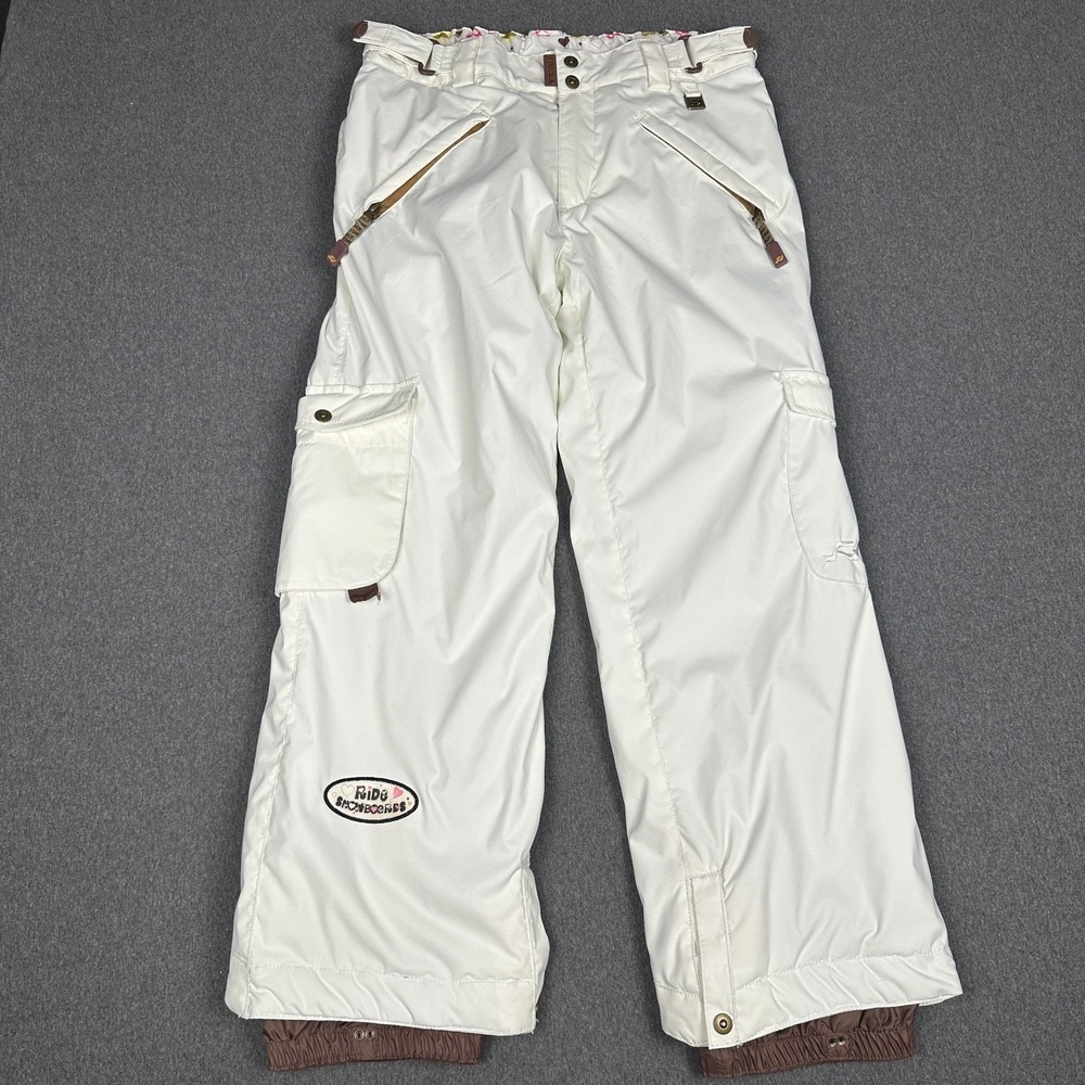 RIDE Snowboards Womens XL White Insulated Cargo Snow Ski Pants Heart Print Lined